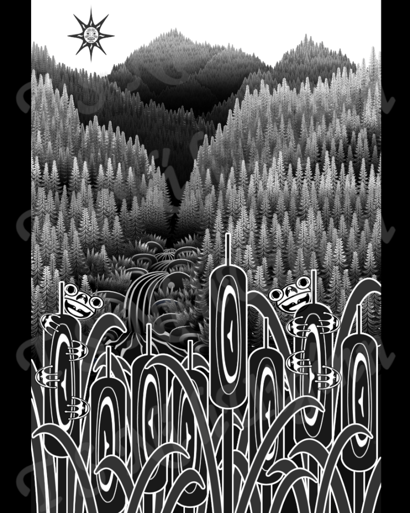 Pen and Ink Illustration of frogs climbing cattails created by T S Ni hUiggin