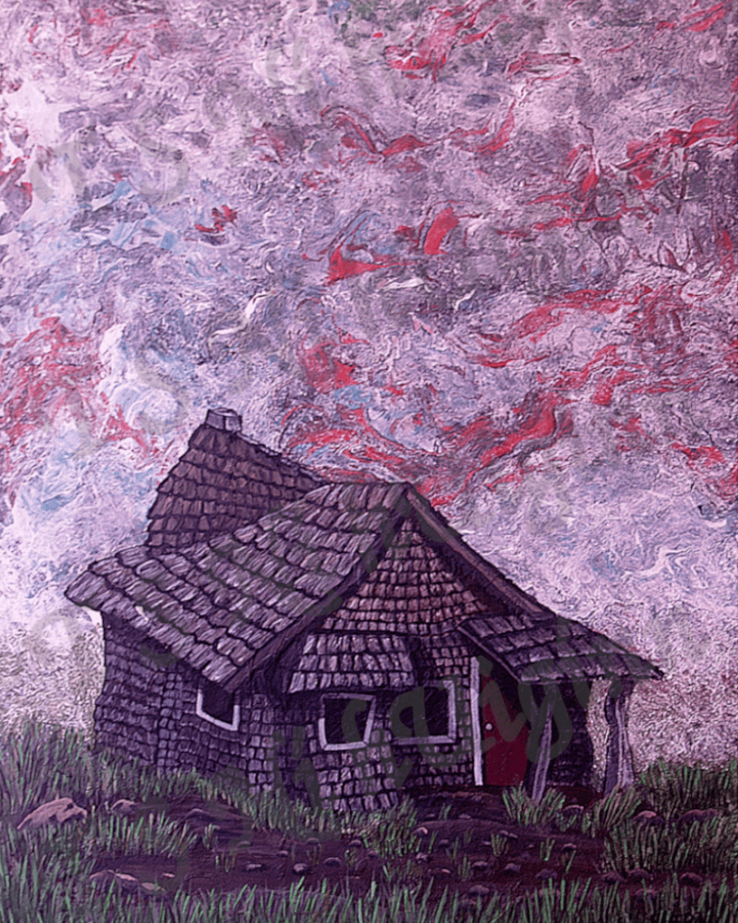 Acrylic on Canvas Painting of an old miners house in Cumberland BC by T S Ni hUiggin