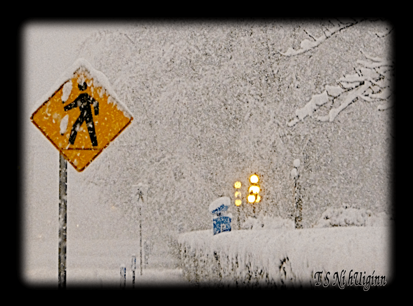 A photograph taken by TS Ni hUiginn of a street sign in a snowstorm.
