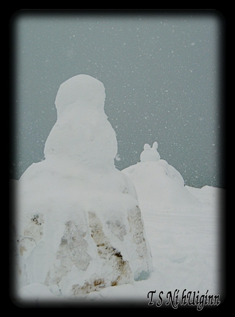 A photo of a snowman with a snowbunny in the background, taken by Salish photographer TS Ni hUiginn