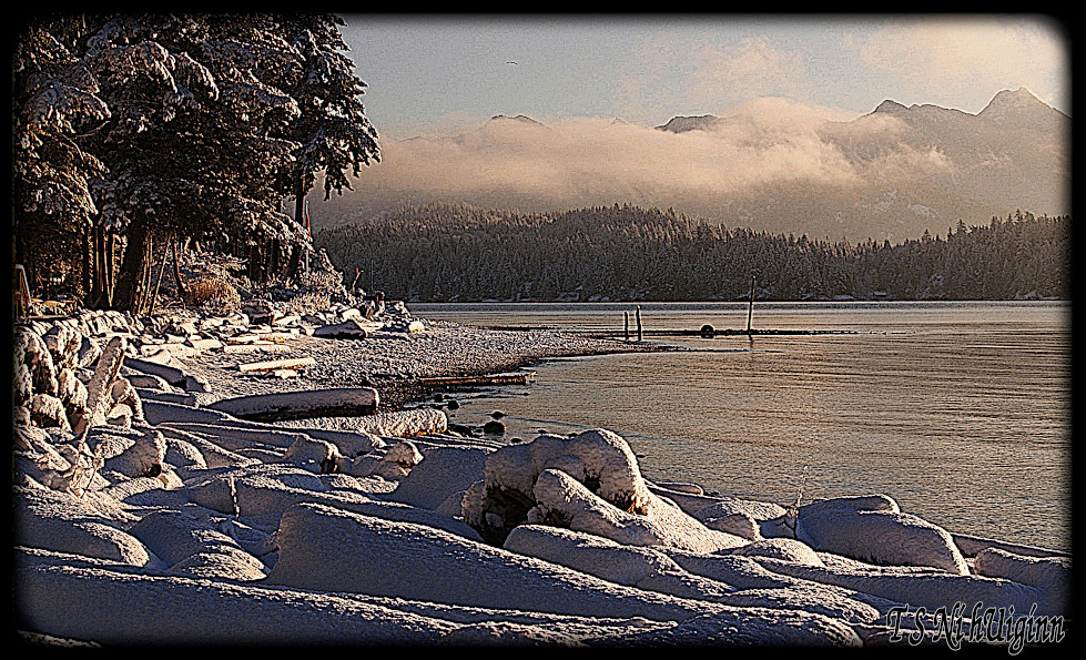 A Northwest Coast beach after a snowfall.