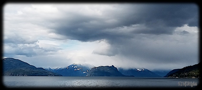 Snowy Peaks behind Island taken by Salish photographer TS Ni hUiginn