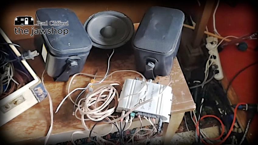 Screen shot of some speakers in Paul Cliffords Jawshop Main Studio from his Cedar Branch Scout video as seen on youtube.